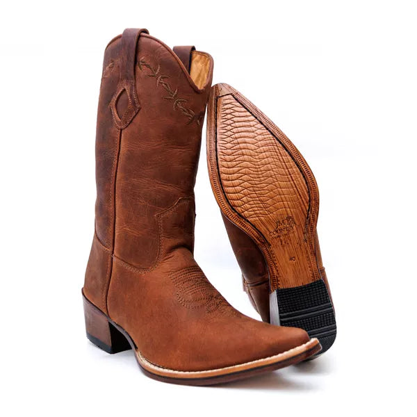 Men's Pointed Toe Cowboy Boot in Genuine Cowhide Leather Crazy Horse Saddle