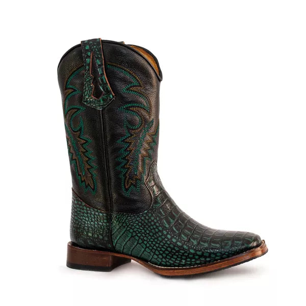 Men's Texan Boot, Square Toe, Aged Green Alligator Cowhide Leather and Black Floater, with Flat Sole.